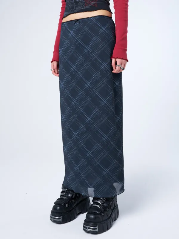 Erika Black Checked Mesh Maxi Skirt sold by Minga London