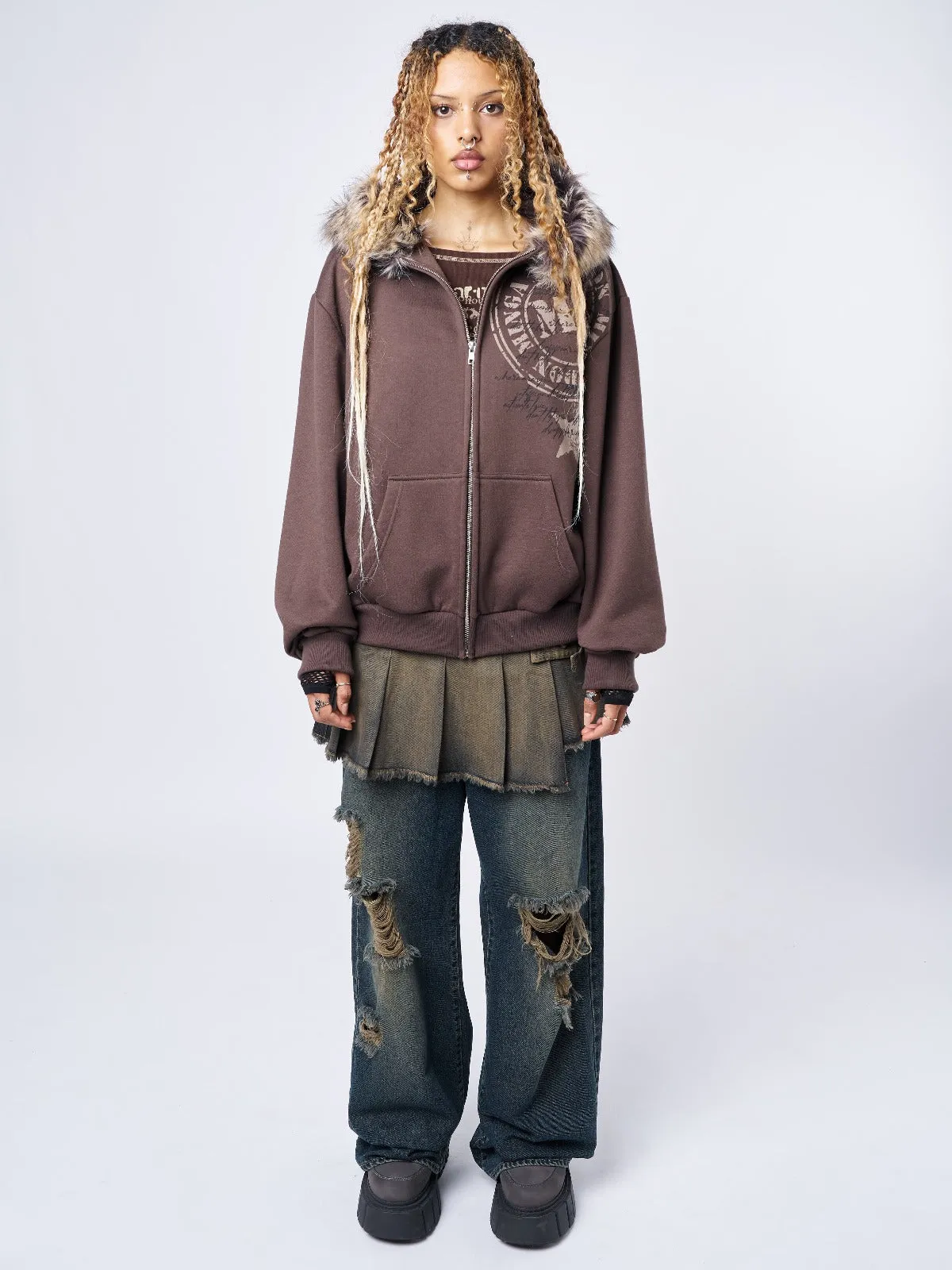 Kiara Faux Fur Neck Oversized Zip Up Hoodie | Parallel