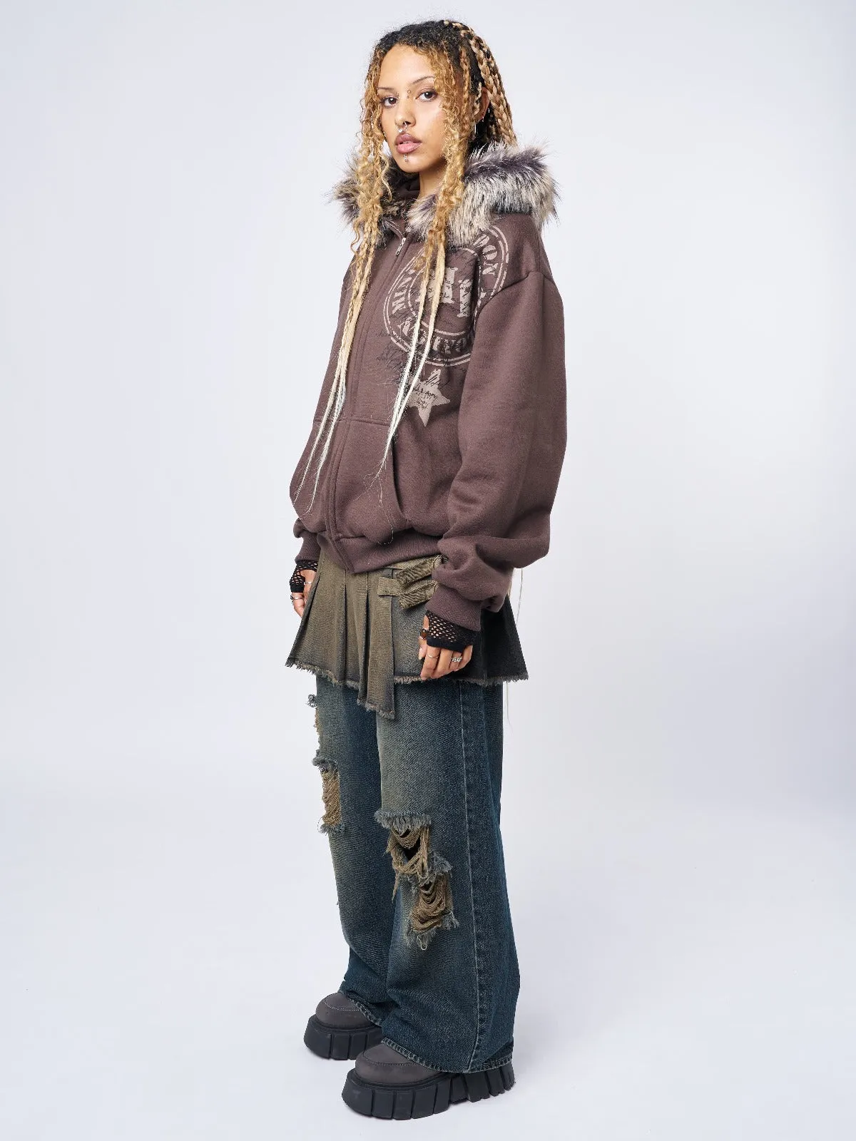 Kiara Faux Fur Neck Oversized Zip Up Hoodie sold by Minga London product image thumbnail 4