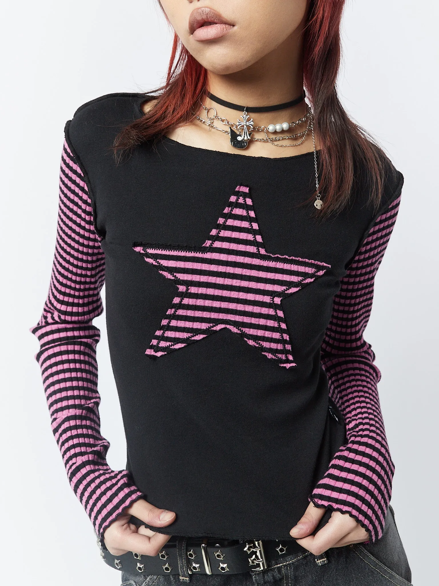Lost Star Pink Black Striped Long Sleeve Top sold by Minga London product image thumbnail 4
