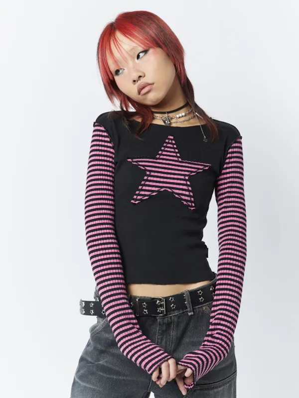 Lost Star Pink Black Striped Long Sleeve Top sold by Minga London