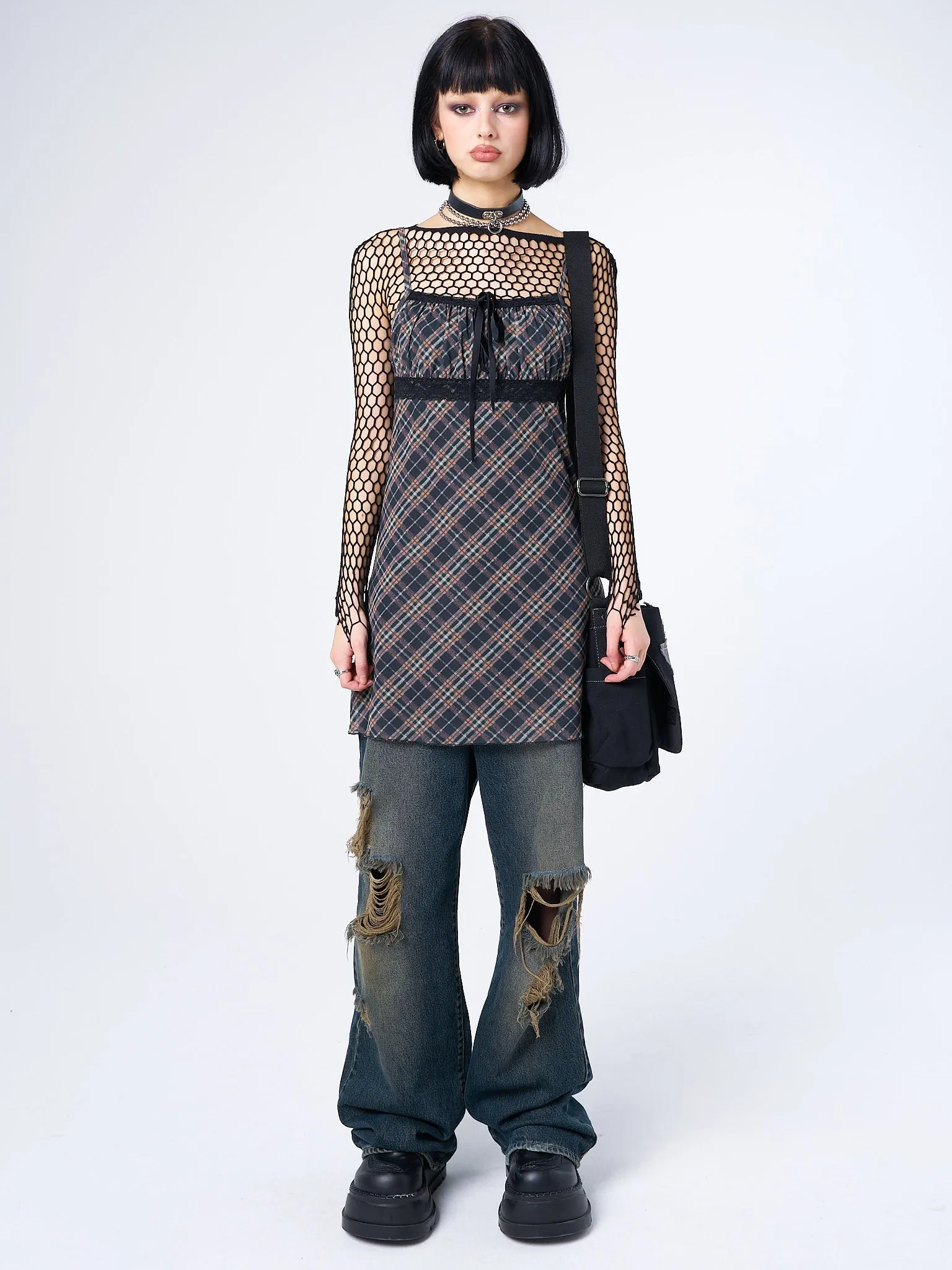 Iza Tartan Lace Trim Mini Dress sold by Minga London product image thumbnail 2