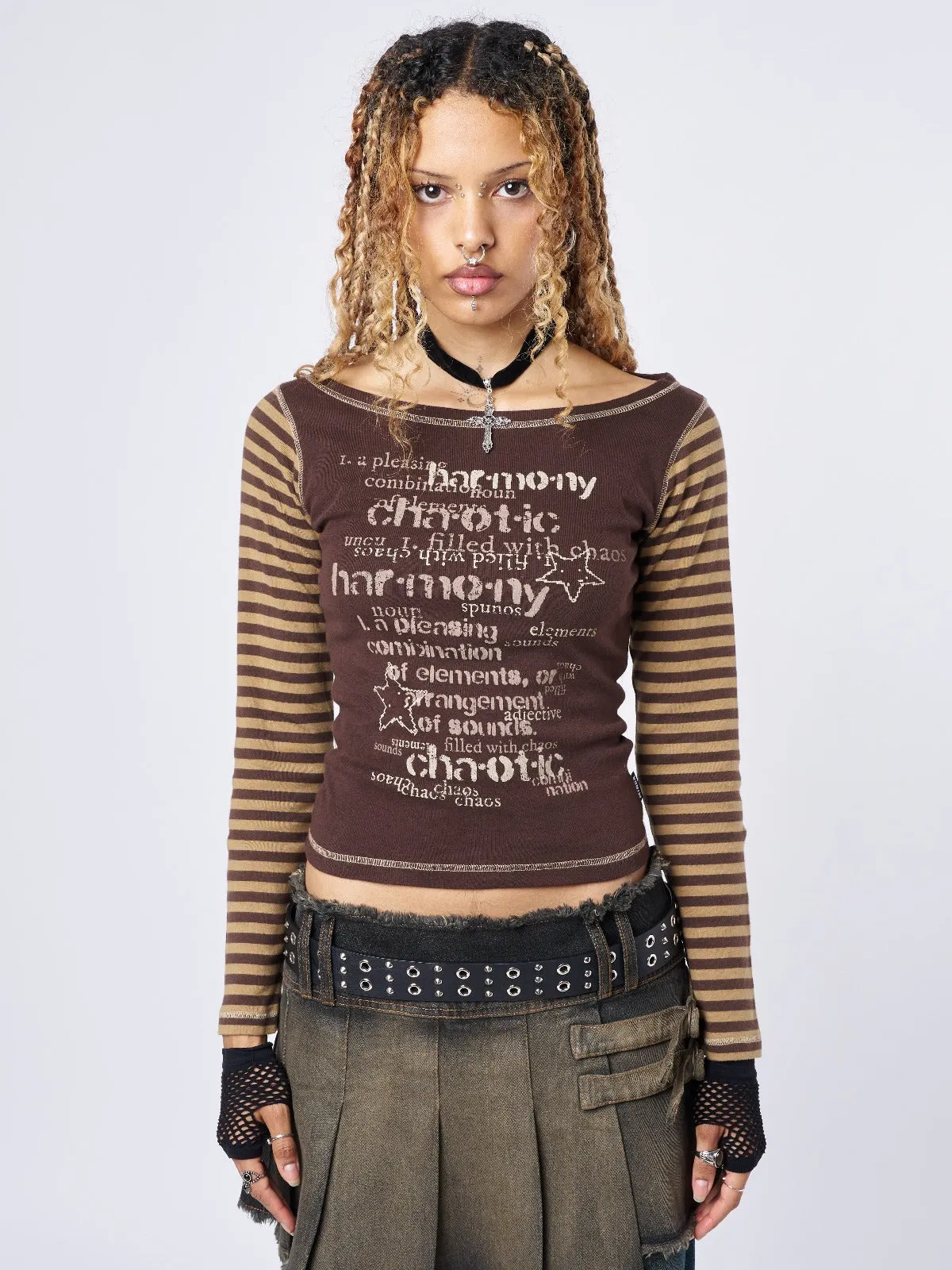 Chaotic Harmony Brown Striped Graphic Top sold by Minga London
