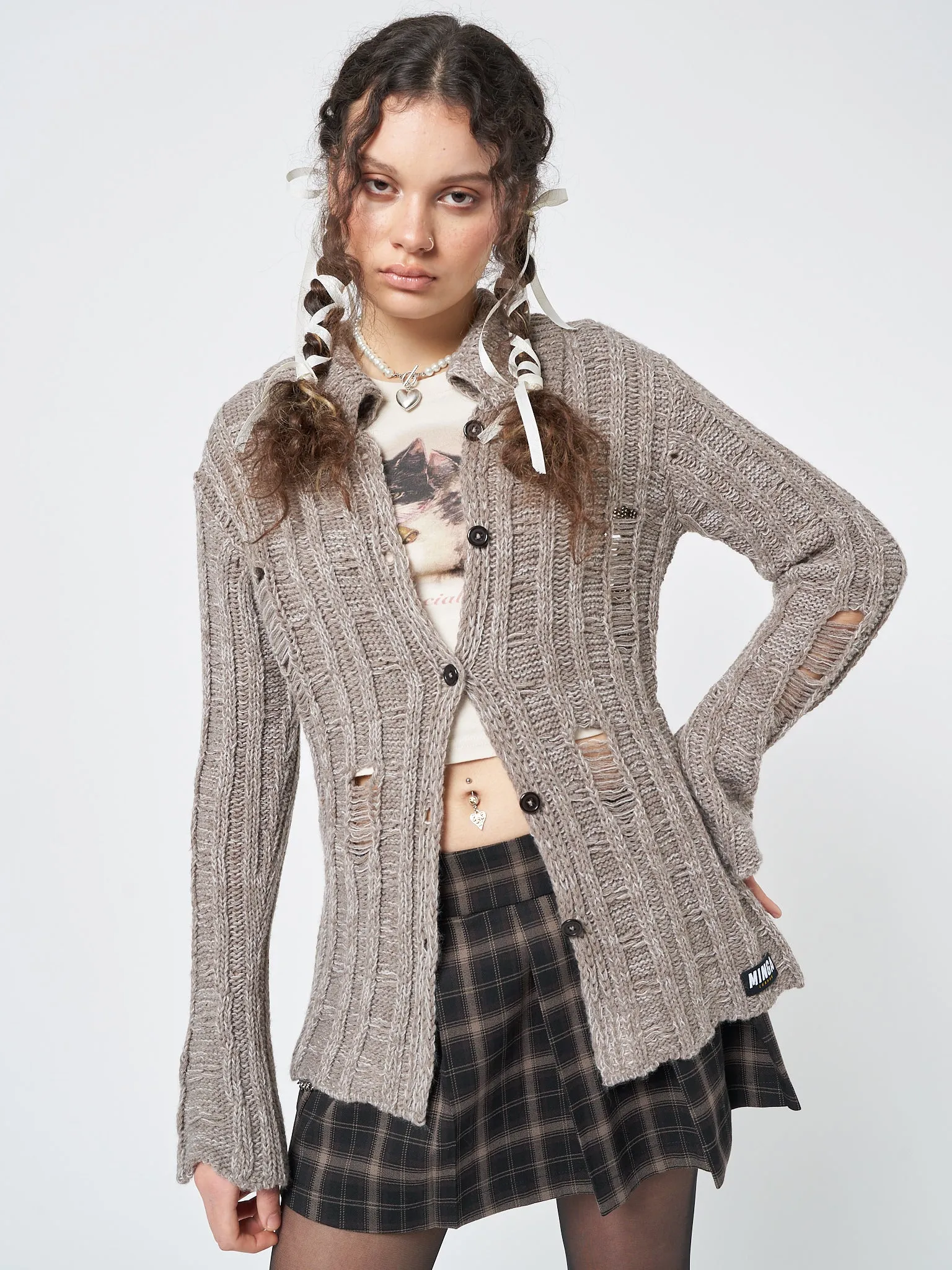 Gem Sand Distressed Knit Cardigan sold by Minga London