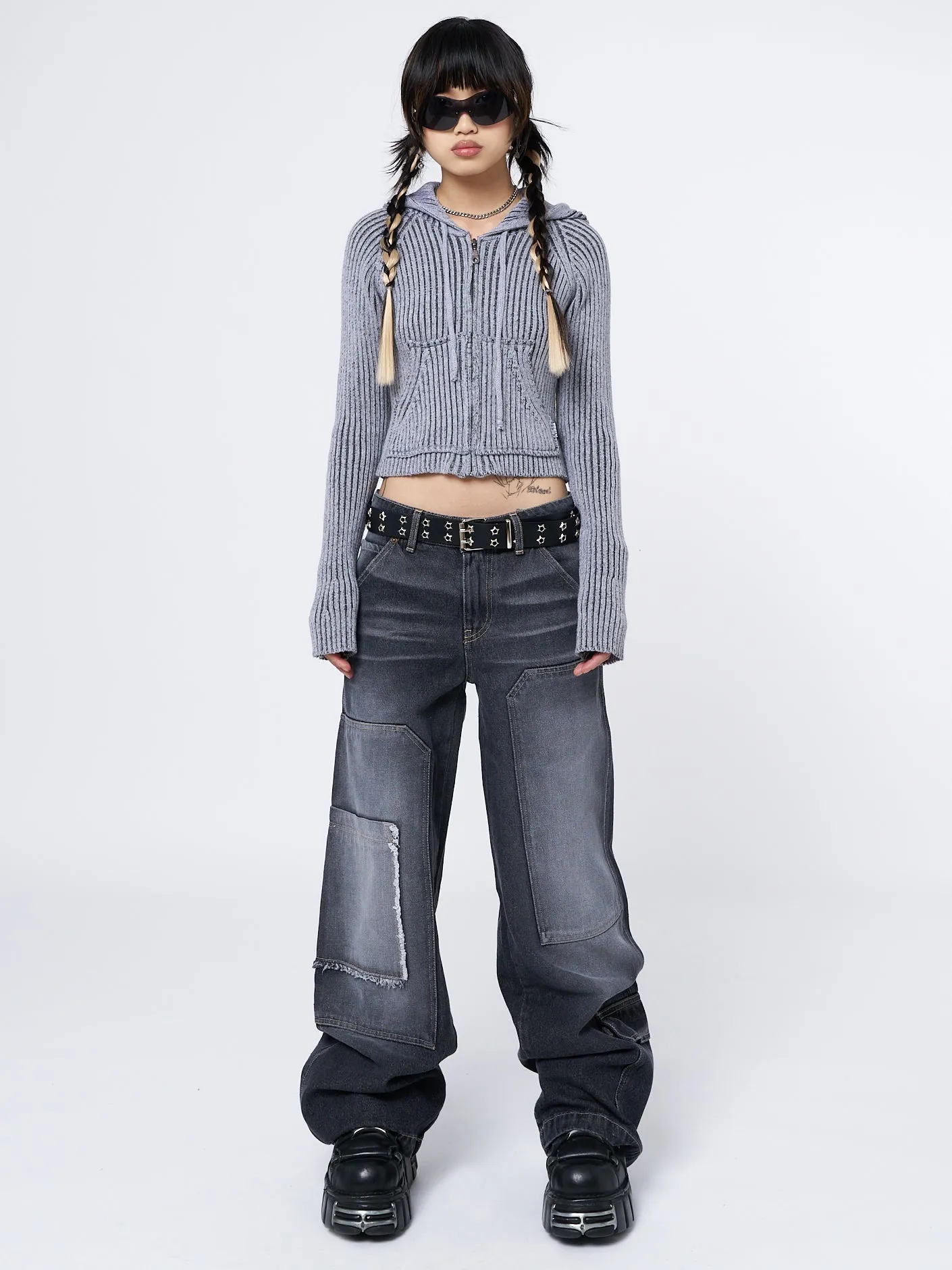 Minga London Jinx Grey Cropped Zip Hoodie Cardigan | Parallel