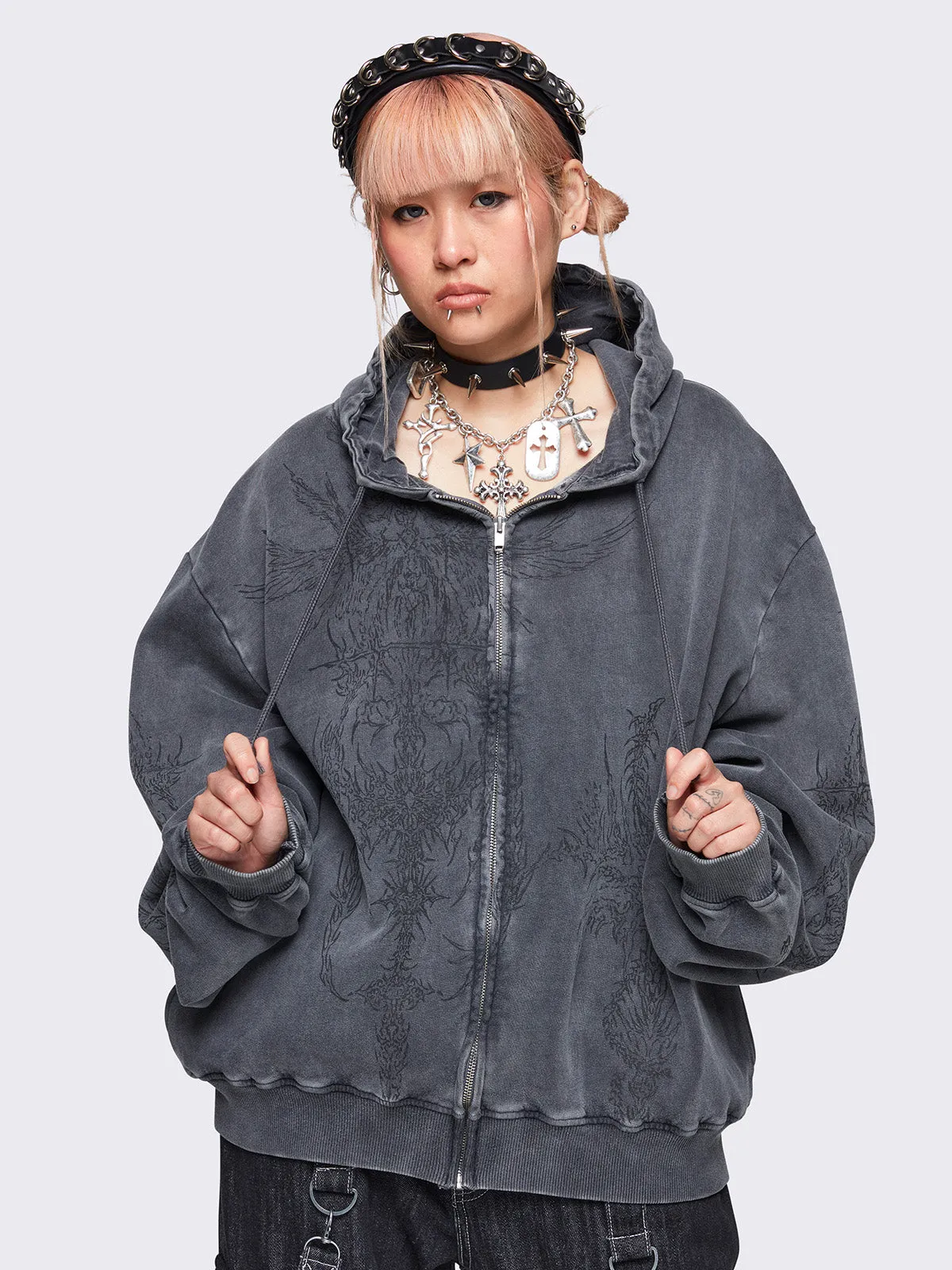 Enigmatic Grey Washed Zip Up Hoodie sold by Minga London product image thumbnail 3
