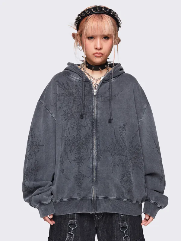 Enigmatic Grey Washed Zip Up Hoodie sold by Minga London
