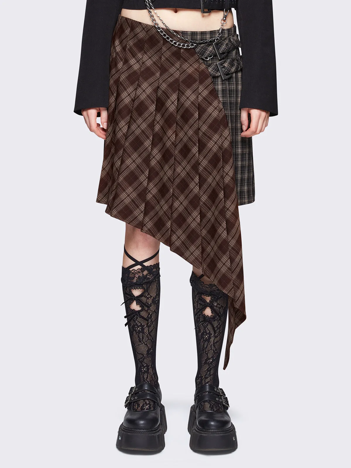 Kya Plaid Asymmetric Skirt sold by Minga London