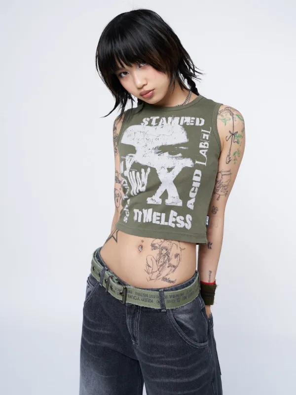 Acid Vision Khaki Graphic Vest Top sold by Minga London