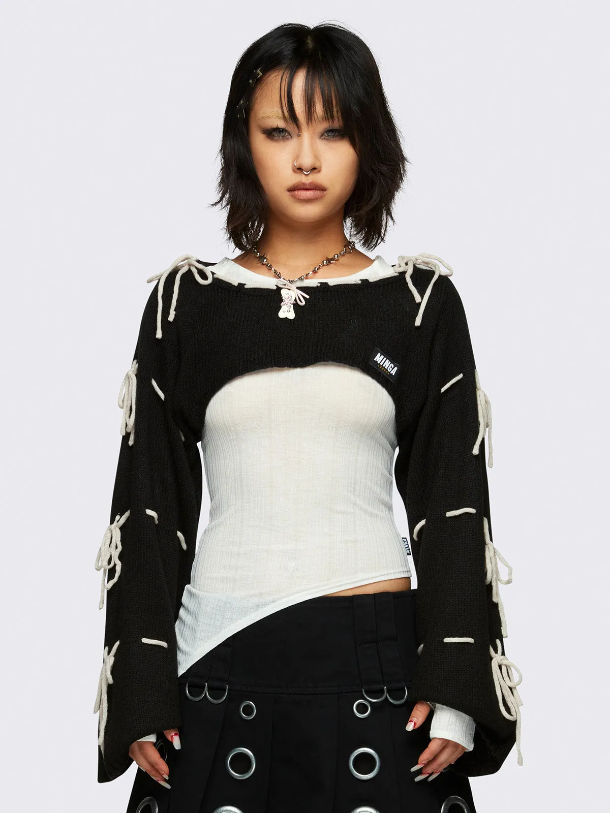 Aurora Black Bows Knitted Shrug sold by Minga London