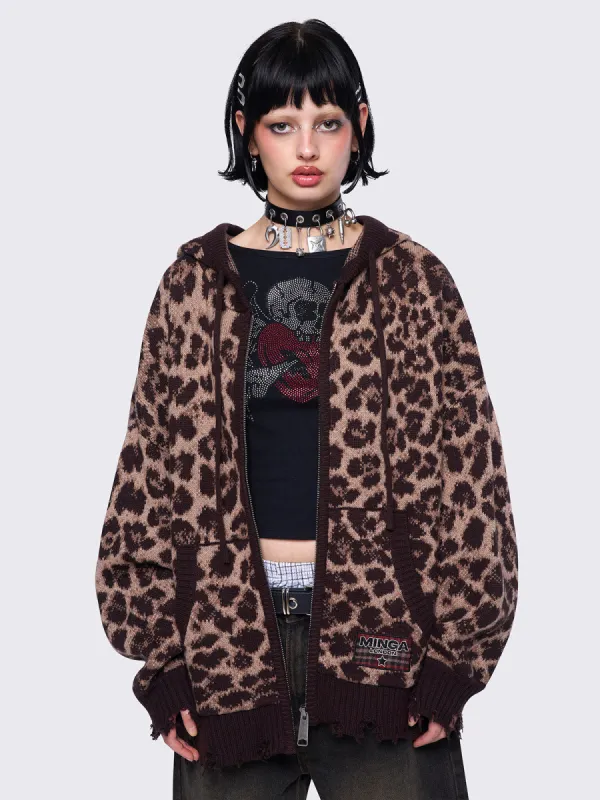 Leopard Knitted Zip-Up Hoodie sold by Minga London