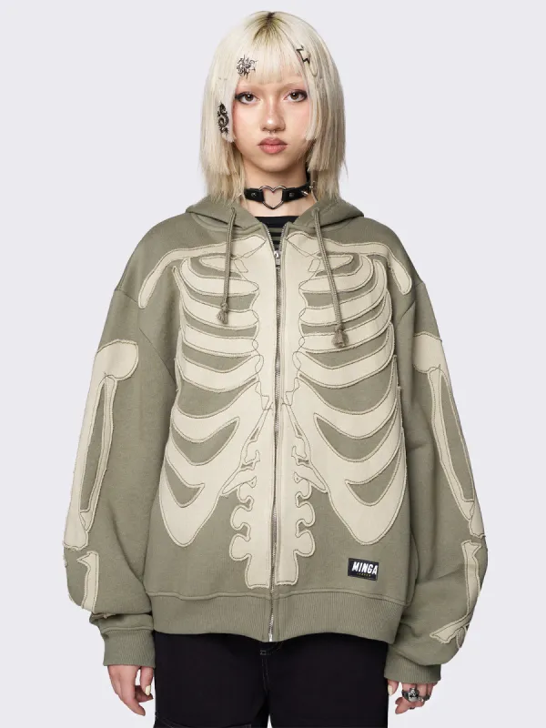Skeleton Green Patch Oversized Zip Up Hoodie sold by Minga London