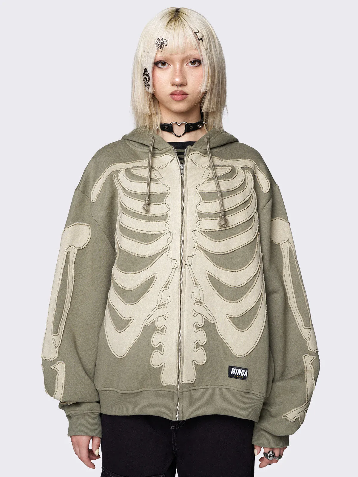 Skeleton Green Patch Oversized Zip Up Hoodie sold by Minga London