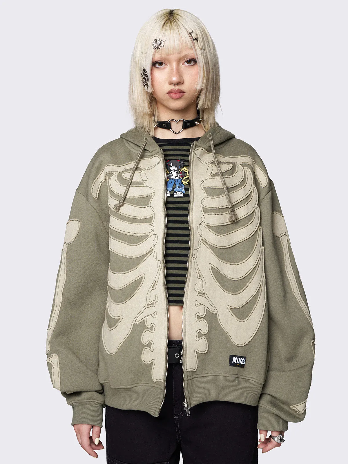 Skeleton Green Patch Oversized Zip Up Hoodie sold by Minga London product image thumbnail 4