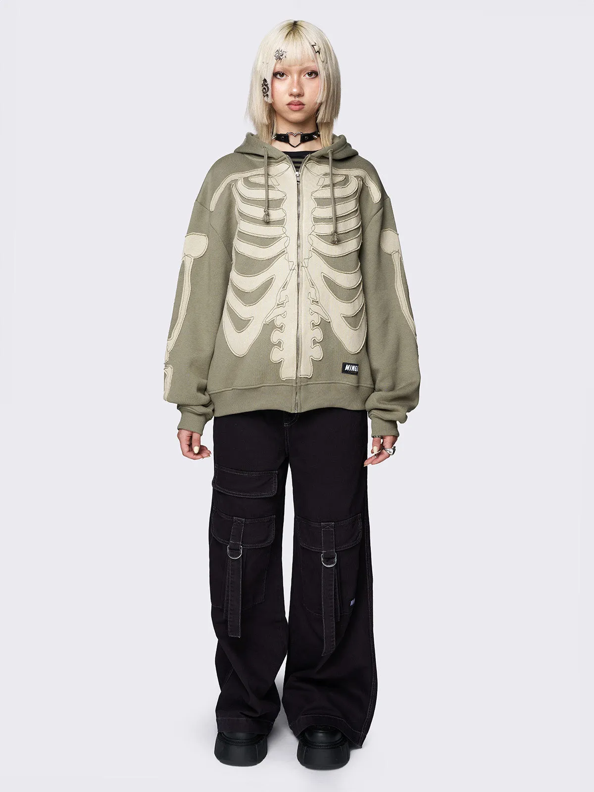 Skeleton Green Patch Oversized Zip Up Hoodie sold by Minga London product image thumbnail 2
