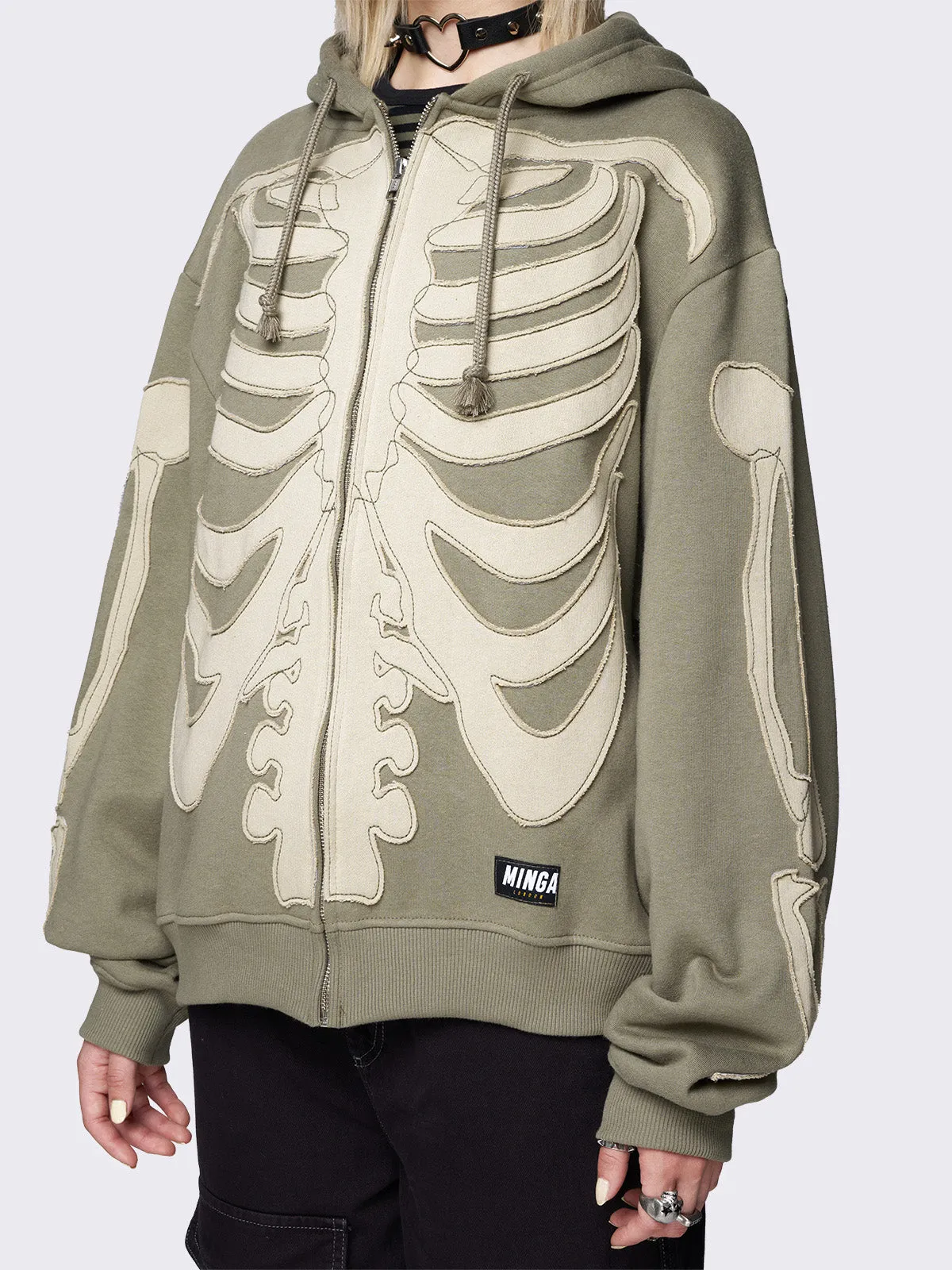 Skeleton Green Patch Oversized Zip Up Hoodie sold by Minga London product image thumbnail 3