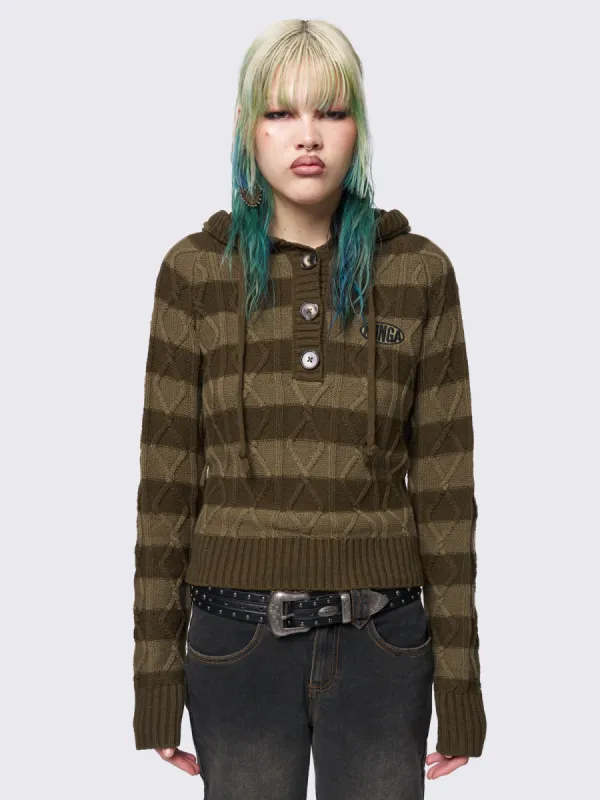 Olive Striped Knitted Hoodie sold by Minga London