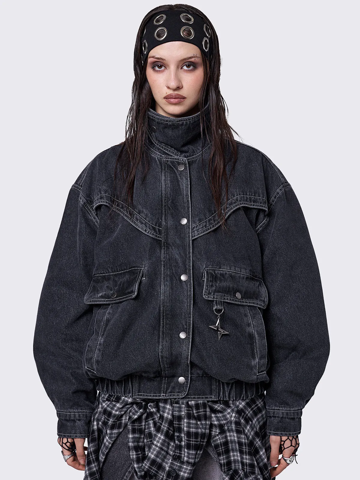 Joy Black Denim Bomber Jacket sold by Minga London