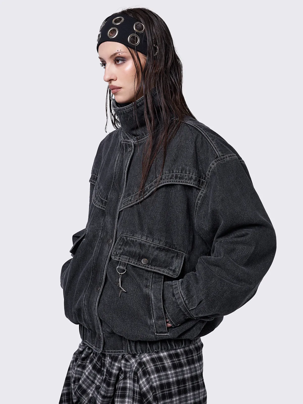 Joy Black Denim Bomber Jacket sold by Minga London product image thumbnail 4