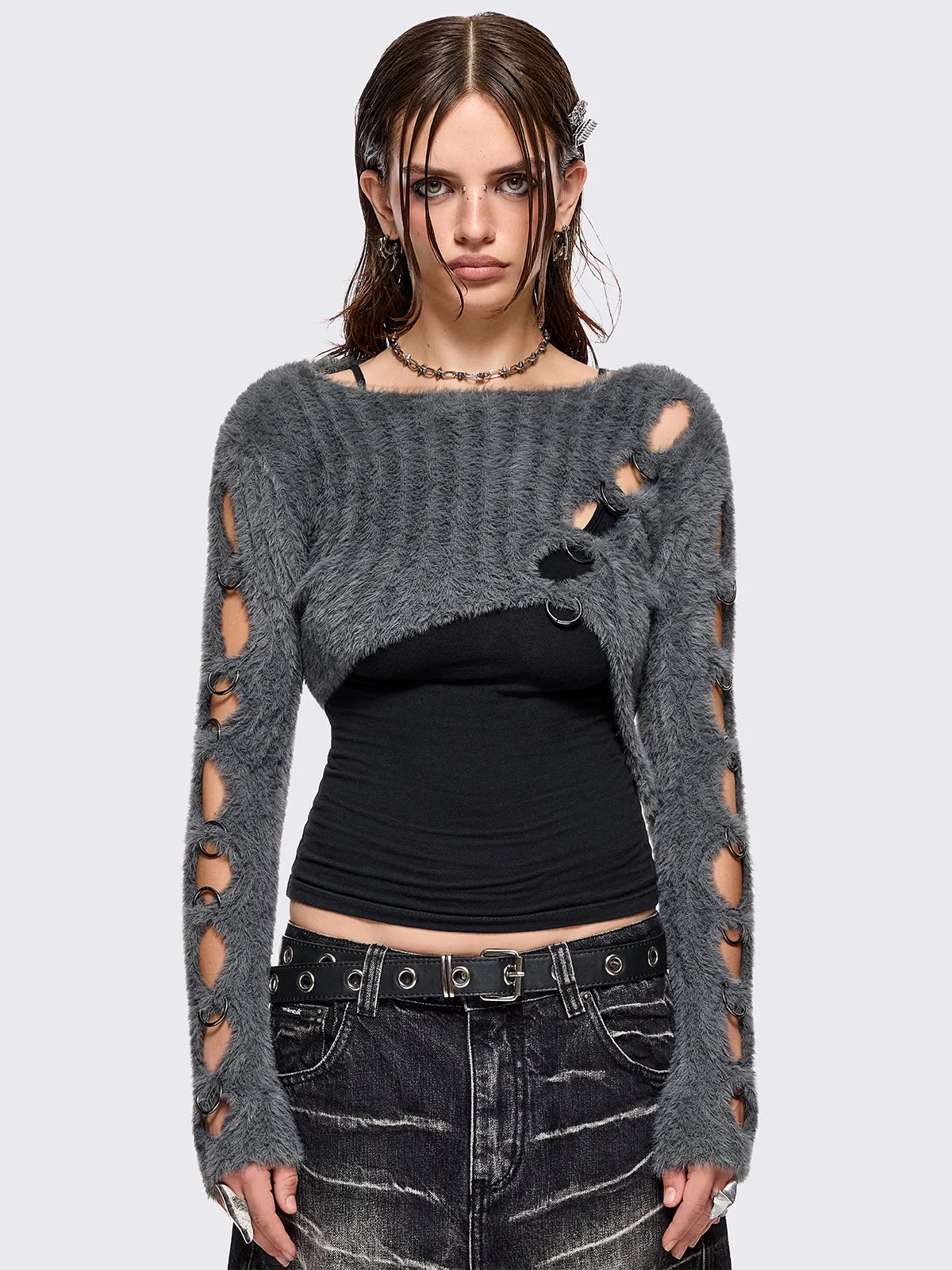 Demi Grey Cut-Out Sweater sold by Minga London