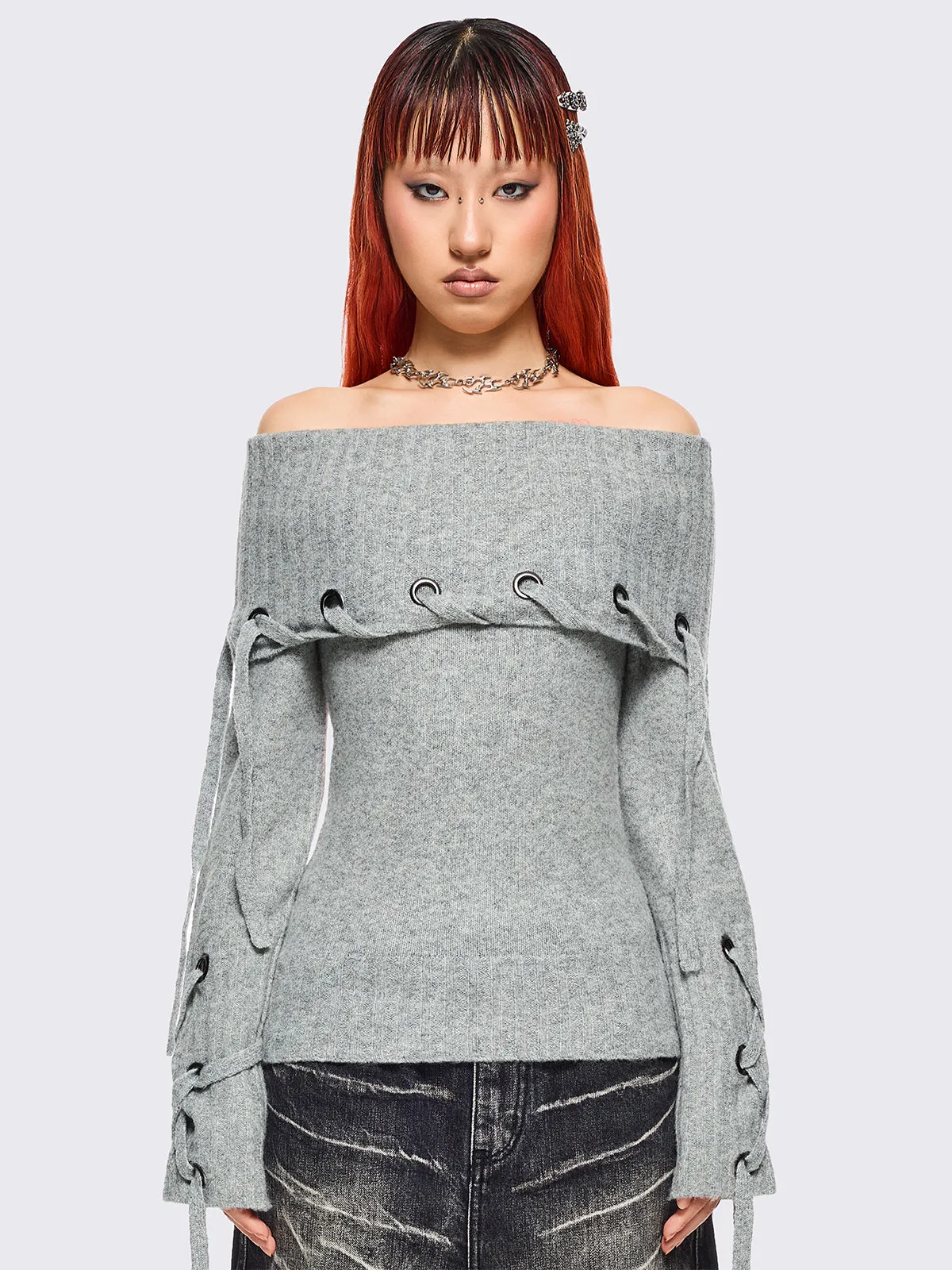Lou Off-Shoulder Sweater sold by Minga London