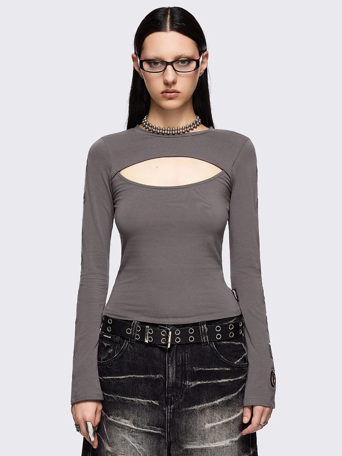 Moxie Grey Cut-Out Top sold by Minga London