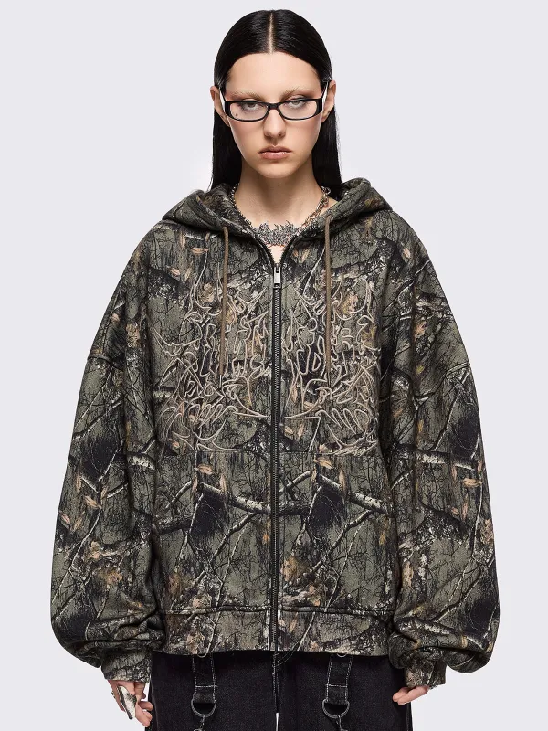 Forest Tree Camo Zip Up Hoodie sold by Minga London