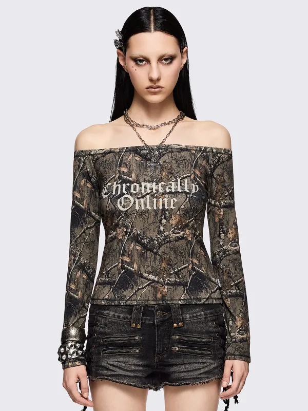Forest Tree Camo Off-Shoulder Top sold by Minga London