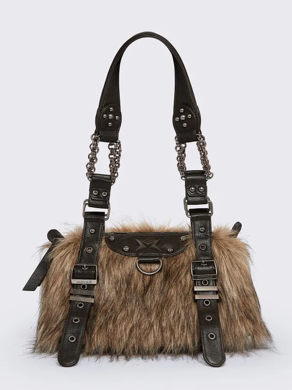Gigi Brown Furry Shoulder Bag sold by Minga London