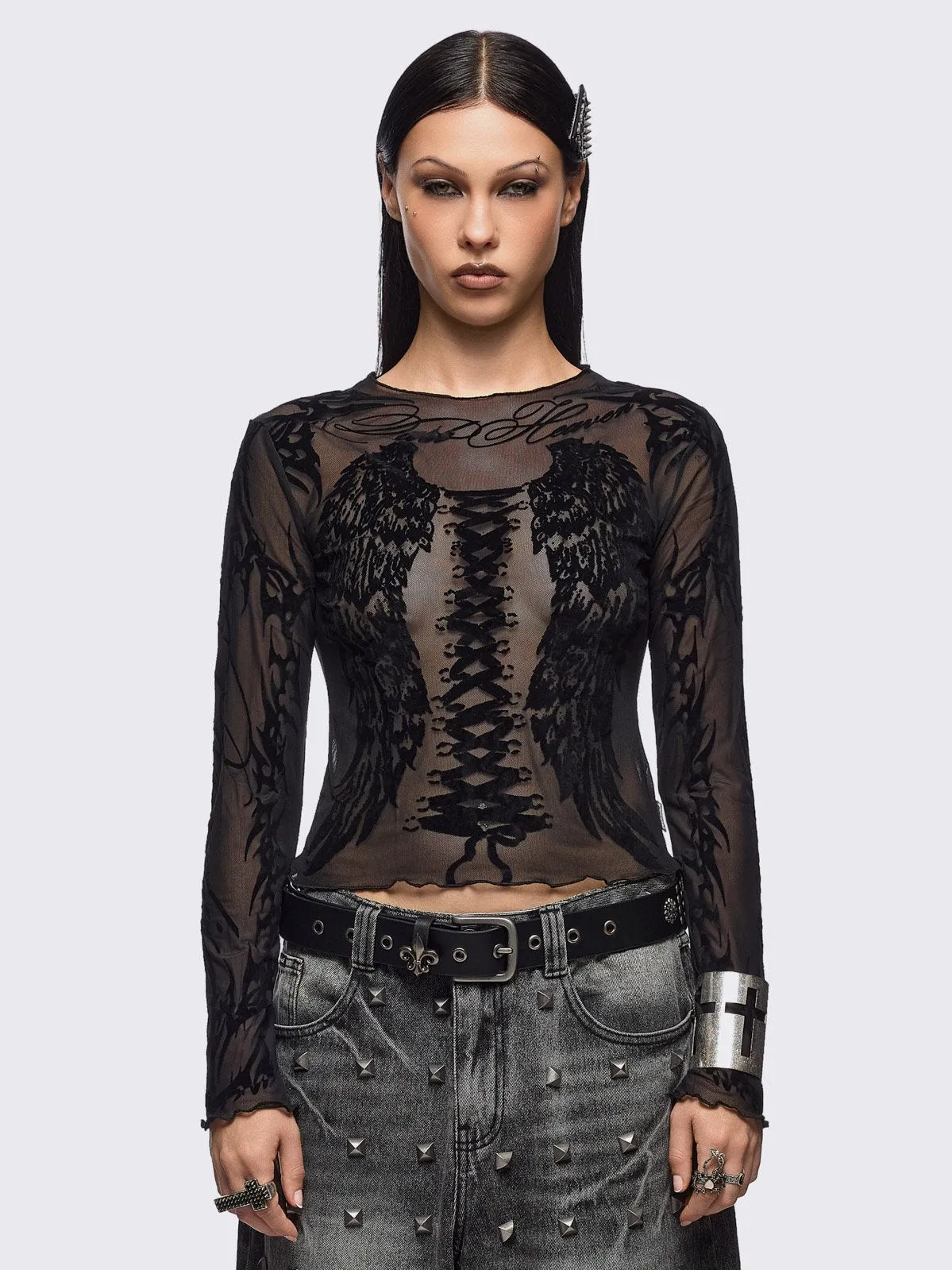 Wing It Black Mesh Top sold by Minga London