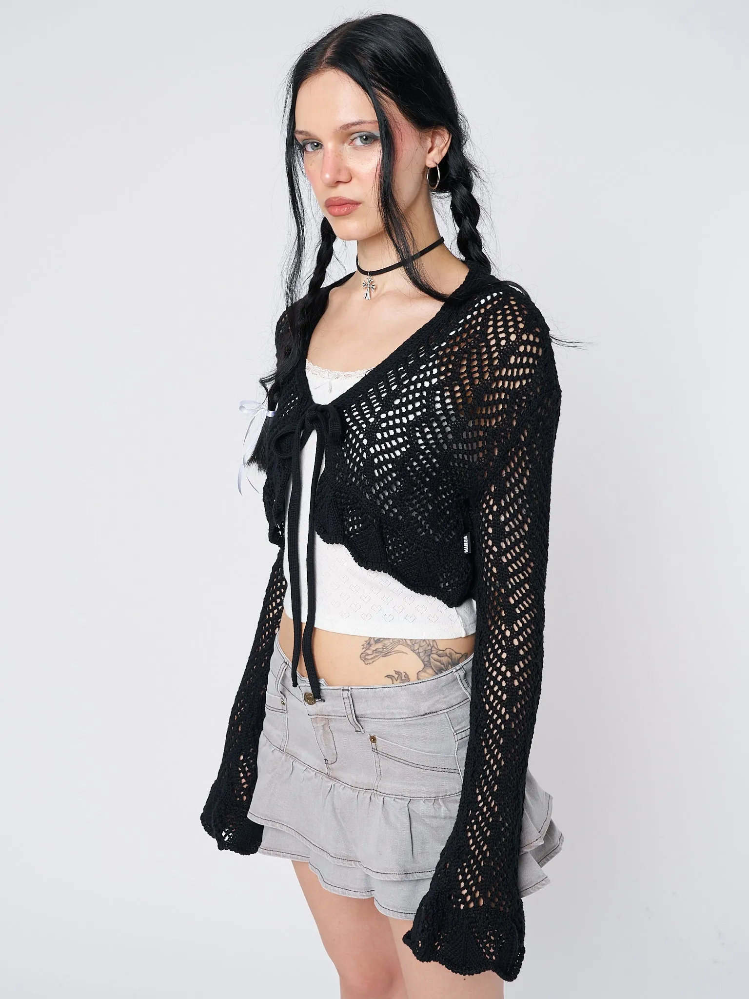 Brenna Tie Front Frill Crochet Crop Cardigan sold by Minga London product image thumbnail 3