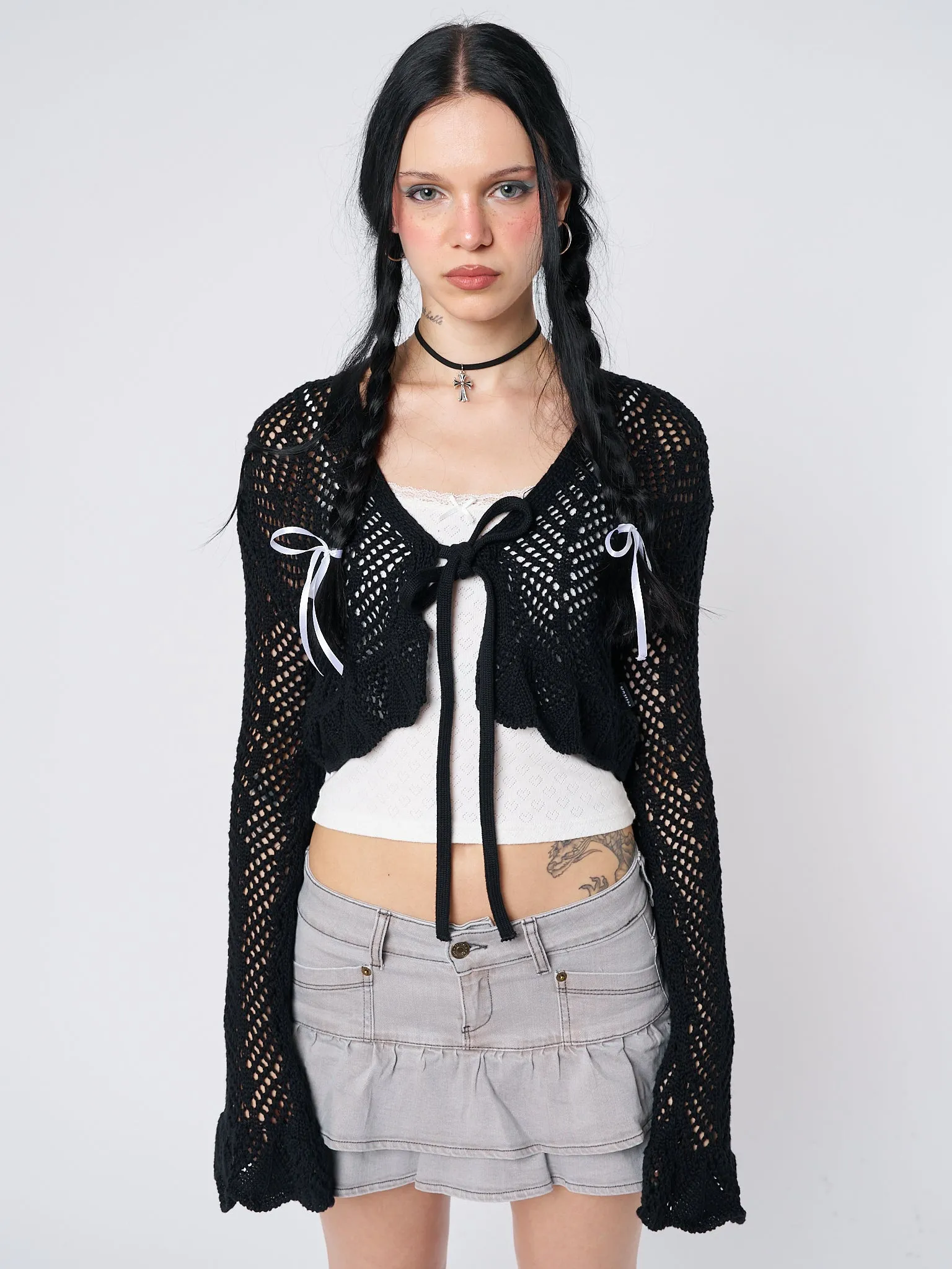 Brenna Tie Front Frill Crochet Crop Cardigan sold by Minga London product image thumbnail 4