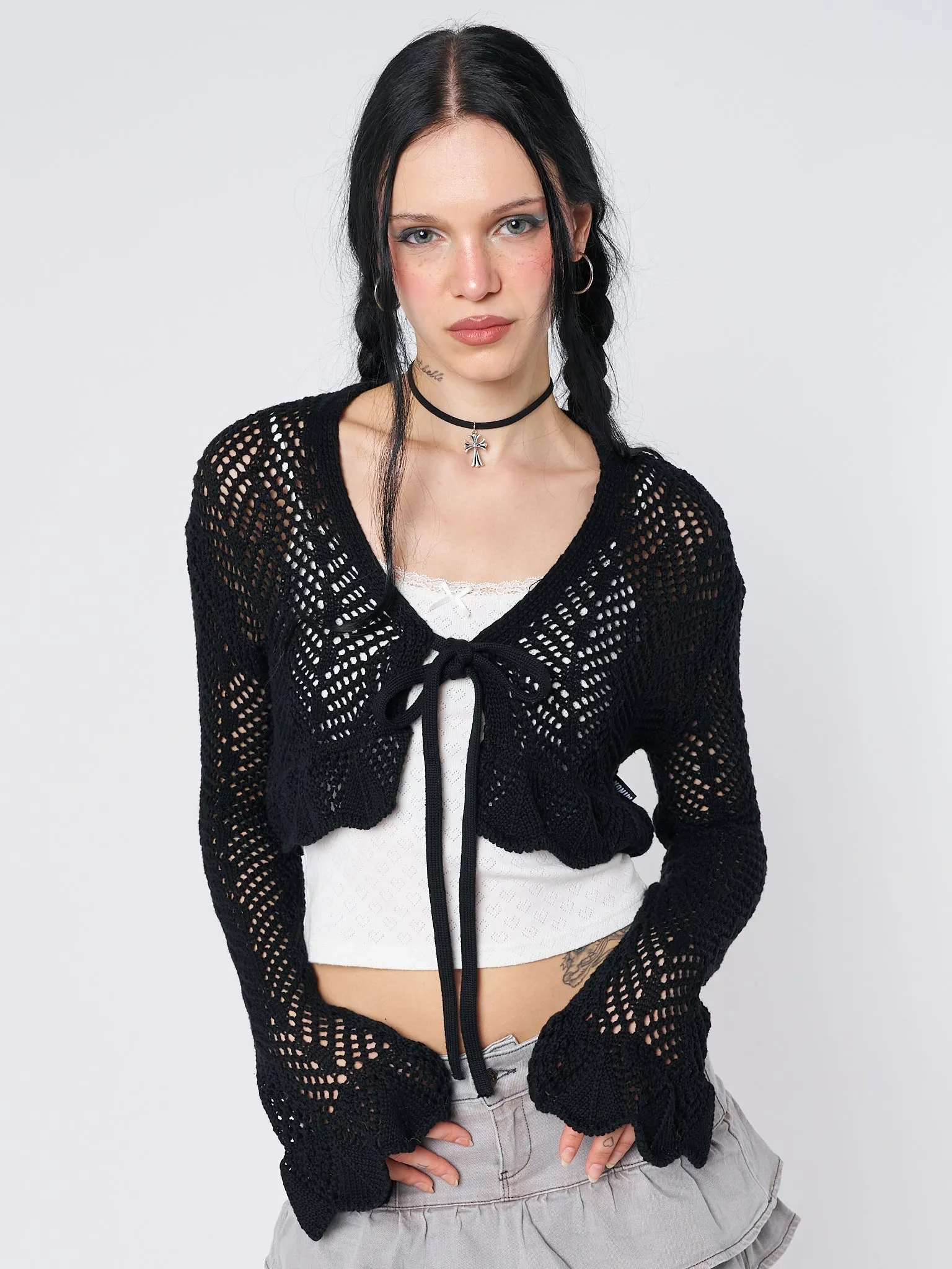 Brenna Tie Front Frill Crochet Crop Cardigan sold by Minga London