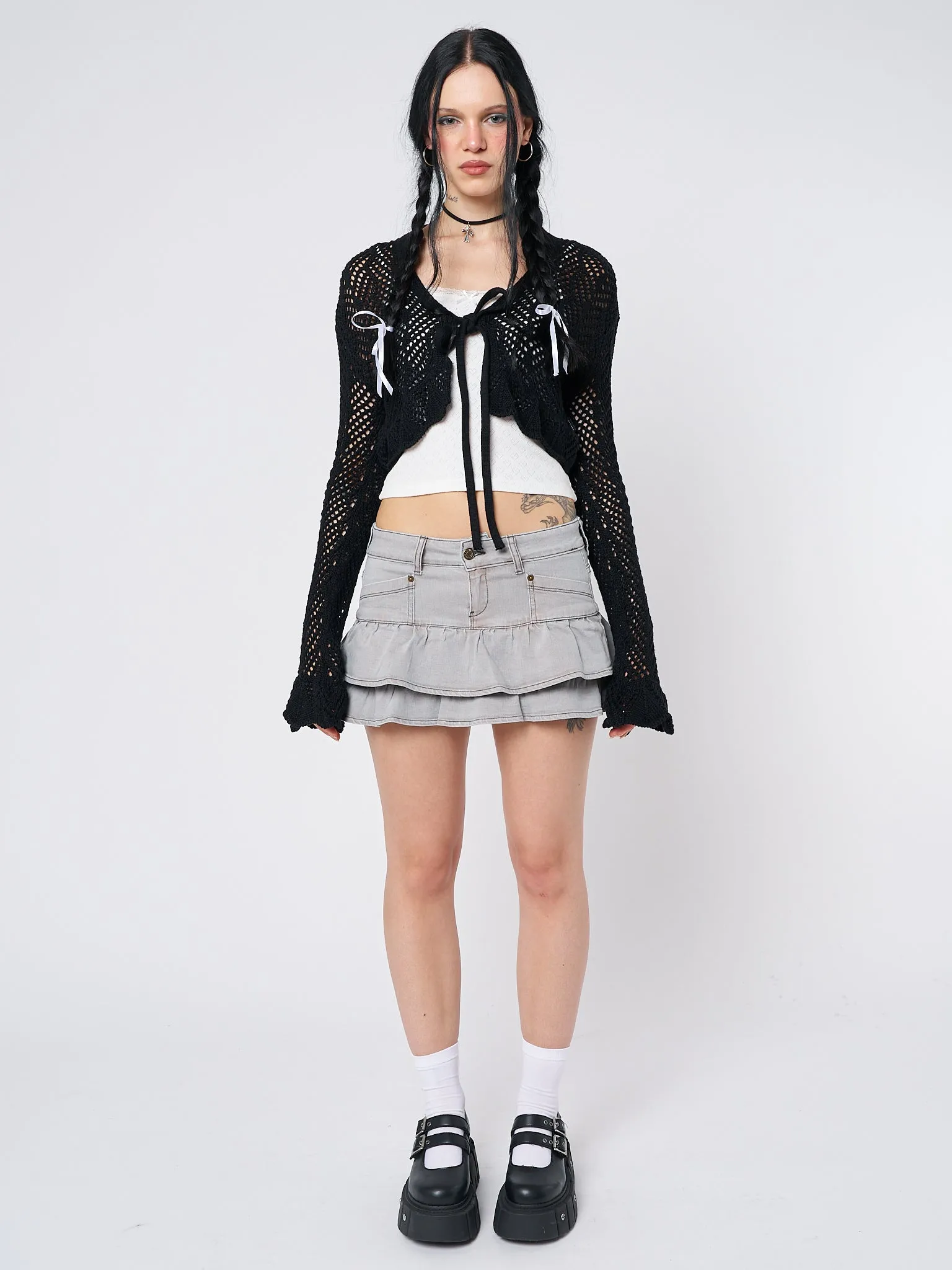 Brenna Tie Front Frill Crochet Crop Cardigan sold by Minga London product image thumbnail 2