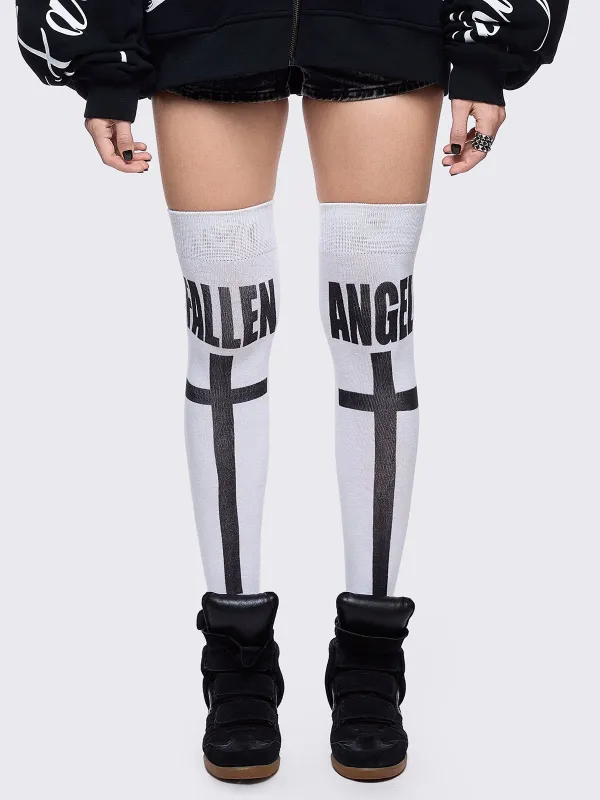 Fallen Angel White Thigh Highs sold by Minga London
