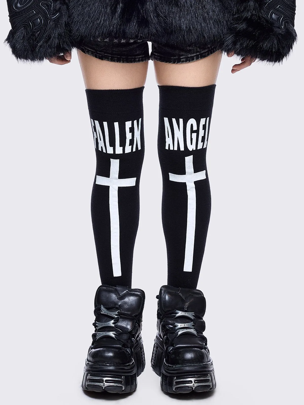Fallen Angel Black Thigh Highs sold by Minga London