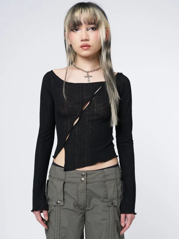 Hana Black Asymmetrical Cut Out Top sold by Minga London