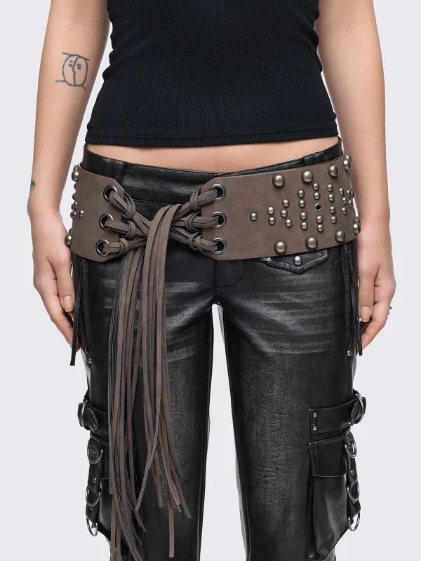 Petra Brown Fringe Belt sold by Minga London