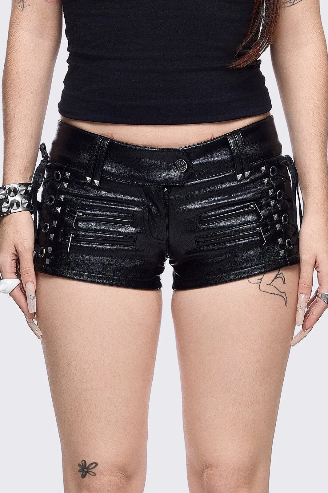 Savage Mini Vegan Leather Shorts sold by Minga London