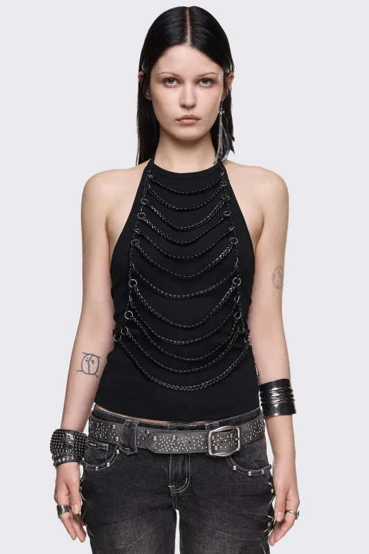 Unravel Black Layered Chain Halter Top made by Minga London