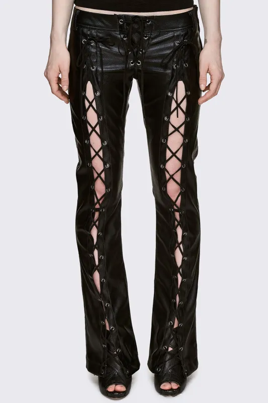 Deb Lace-Up Faux Leather Flared Pants made by Minga London