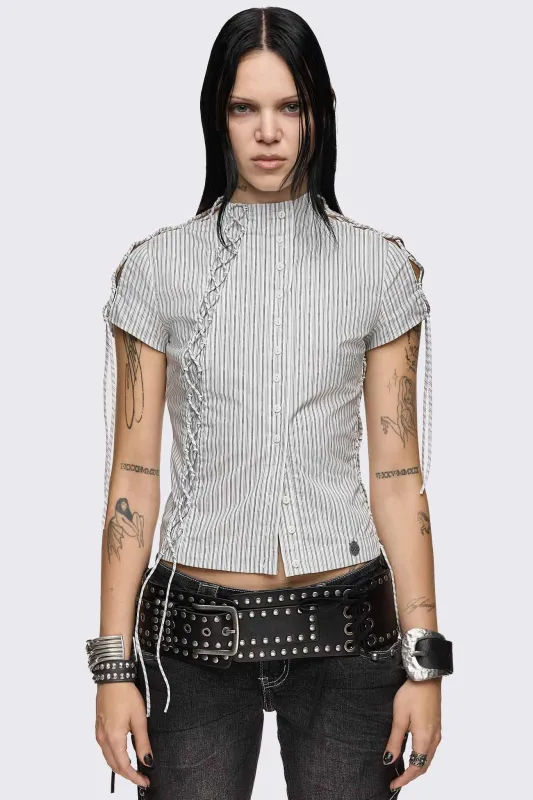 Sweet Ruin Striped Lace-Up Blouse made by Minga London