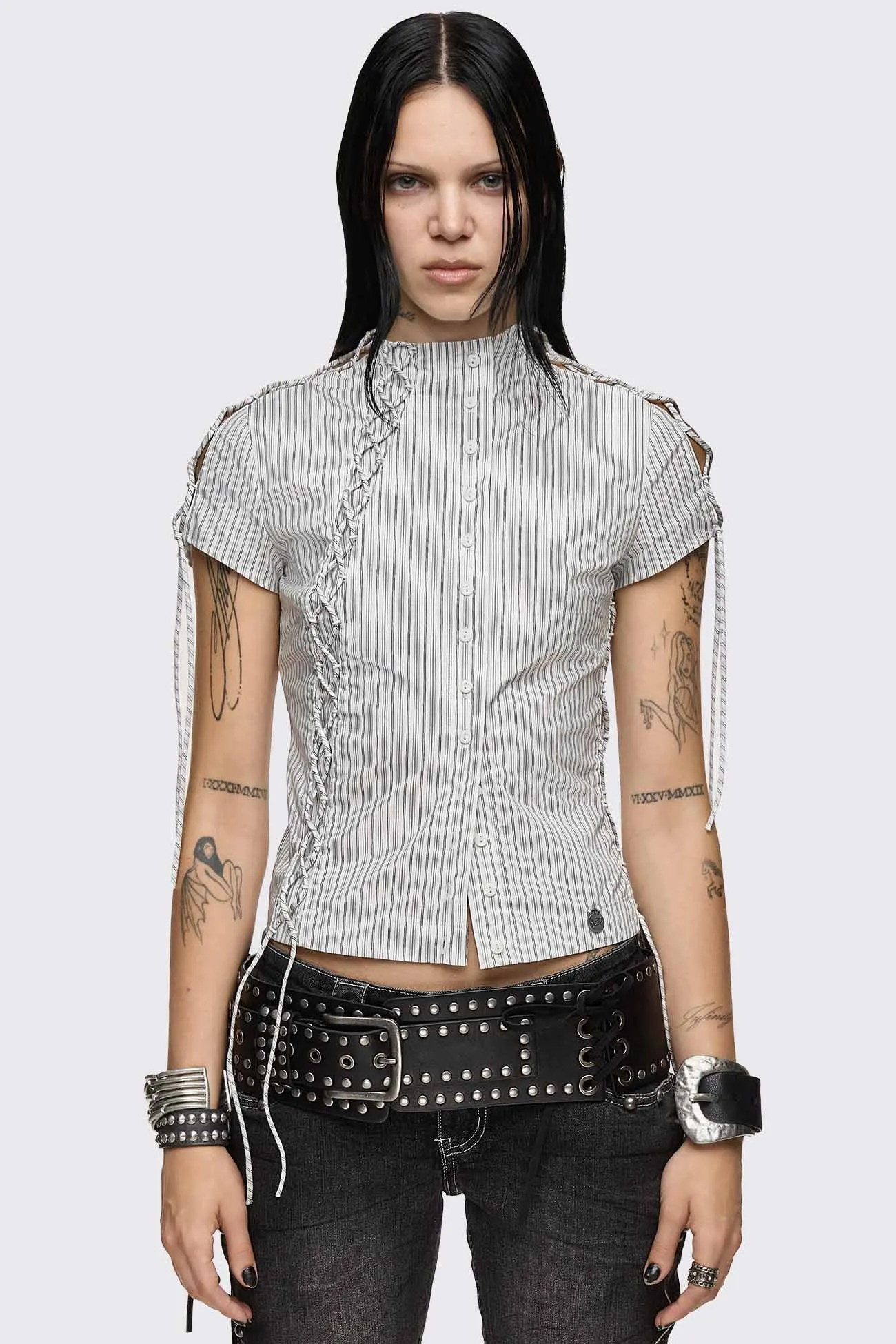 Sweet Ruin Striped Lace-Up Blouse sold by Minga London