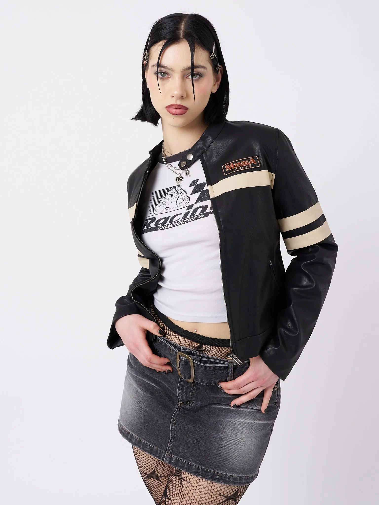 Chiara Black Vegan Racer Jacket sold by Minga London