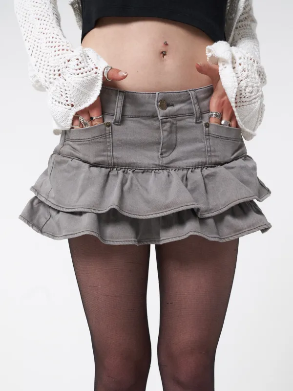 Kat Washed Grey Denim Y2k Mini Skirt sold by Minga London