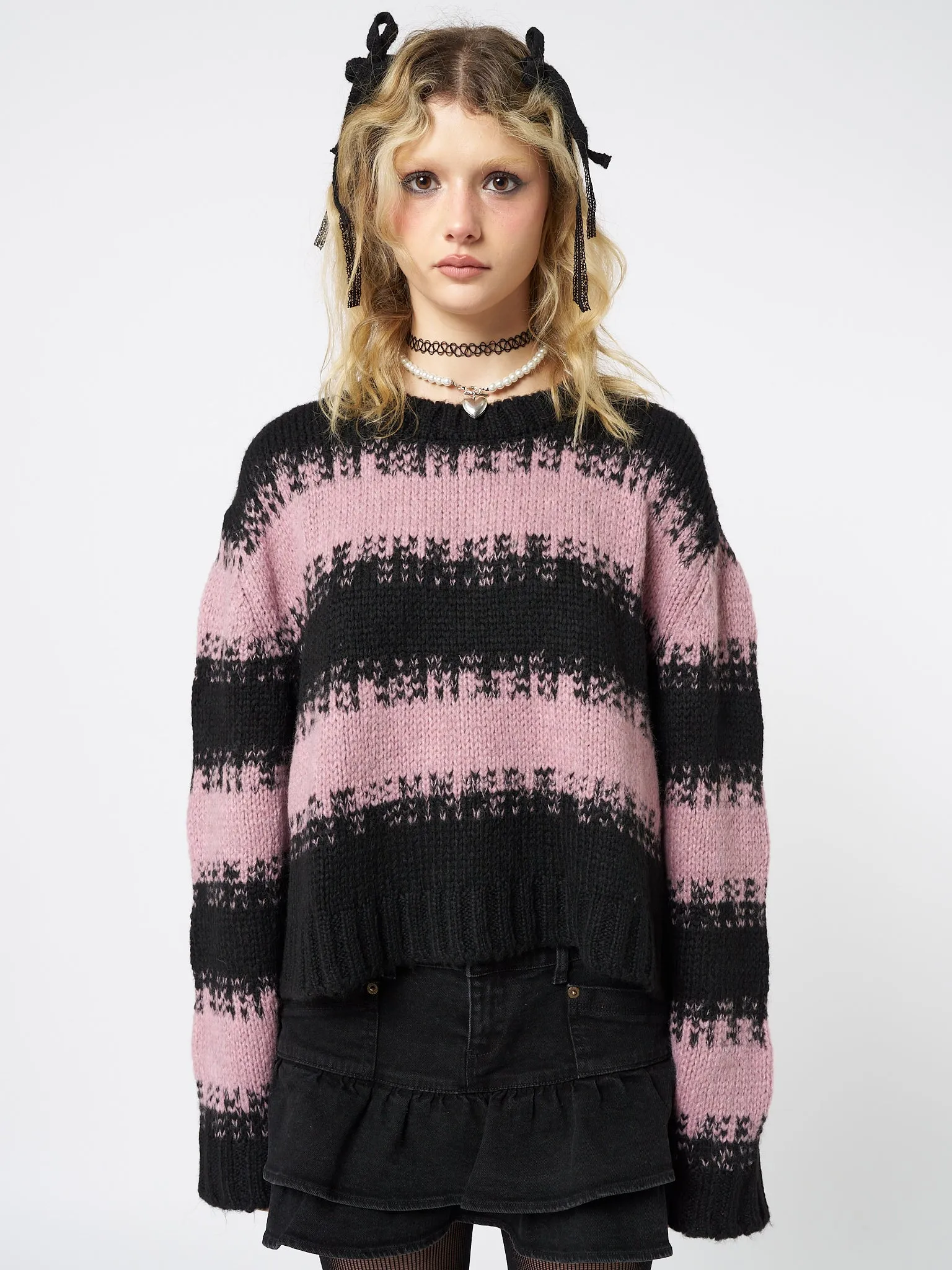 Clara Pink Cropped Striped Knit Sweater sold by Minga London
