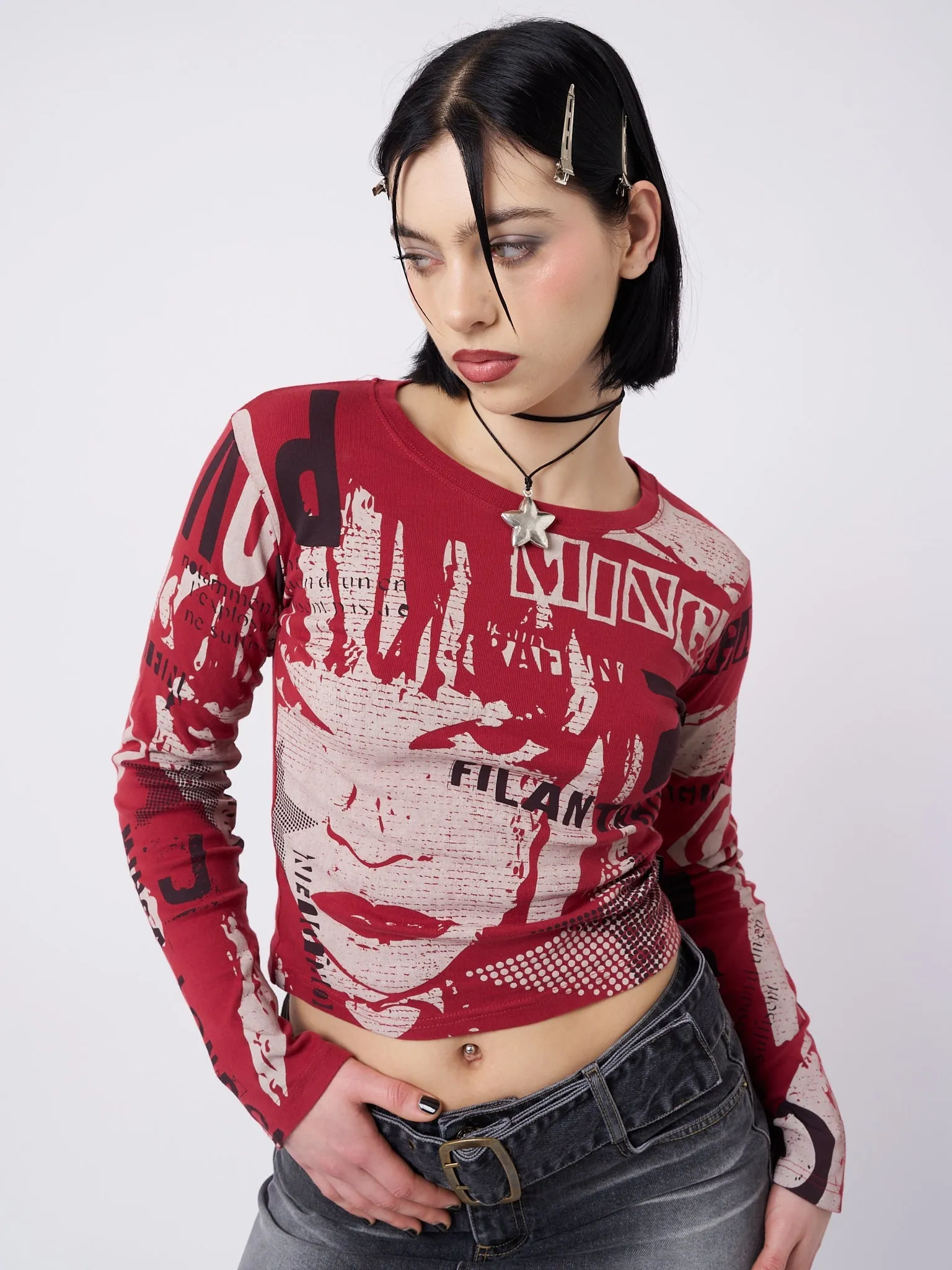 Veronic Red & Black Graphic Top sold by Minga London