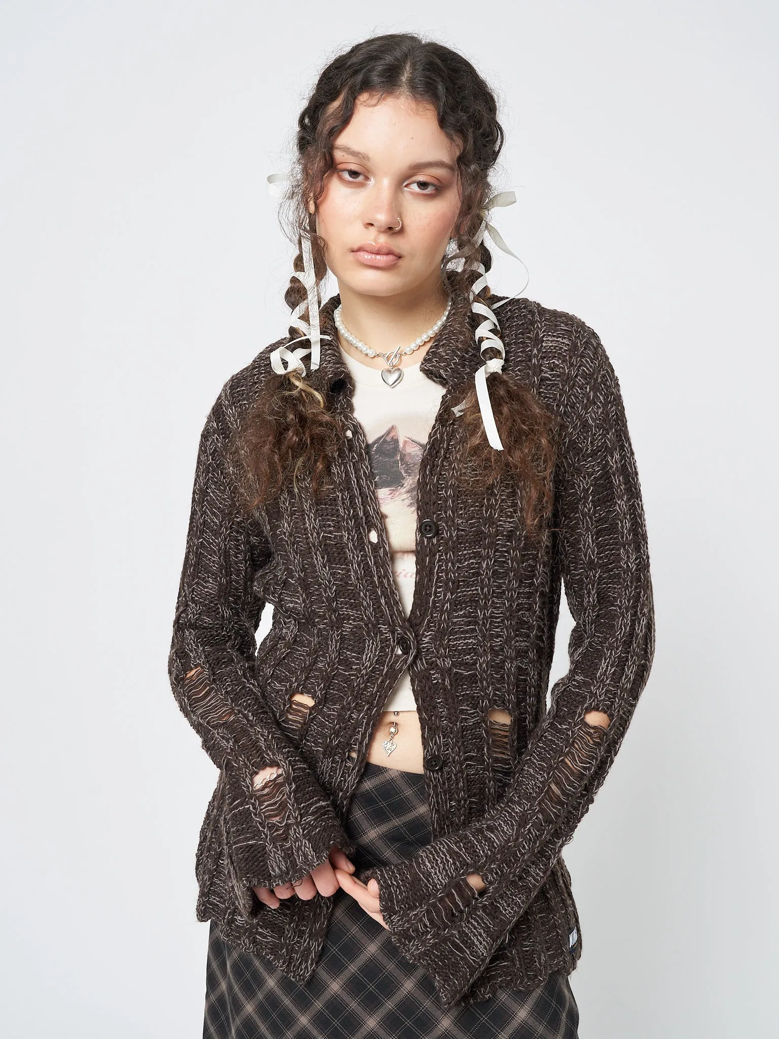 Gem Brown Distressed Knit Cardigan sold by Minga London