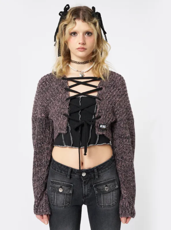 Arabella Mauve Knitted Lace Up Cardigan sold by Minga London