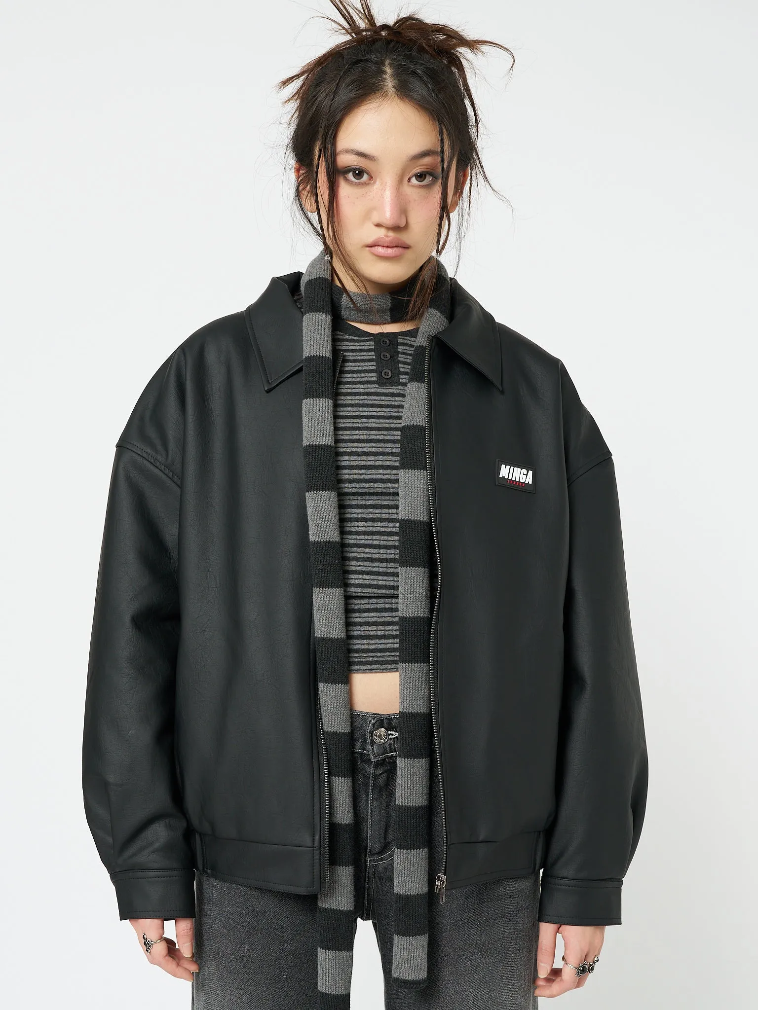 Olivia Vegan Leather Bomber Jacket in Black sold by Minga London